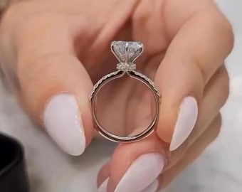 Hidden Halo Round Cut Moissanite Engagement Ring, 14k White Gold Hidden Pave Prong Setting, Unique Ring Designs, Birthday Gift For Wife