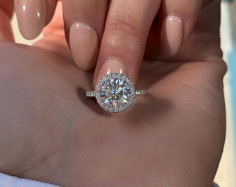 Classic Round Cut Moissanite Engagement Ring, Halo Half Eternity Pave Prong Setting, Birthday Gift, Ring For Women, 14k Solid White Gold