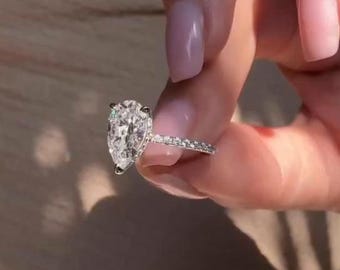 Pear Cut Hidden Halo Pave Moissanite Engagement Ring, Anniversary Gift For Wife, Diamond Ring Set, Pave Prong Setting, Birthday Gift
