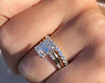 Hidden Halo Radiant Cut Solitaire Engagement Ring, Matching Plain Gold Band, Trio Set Ring, Pave Prong Setting, Anniversary Gift For Wife