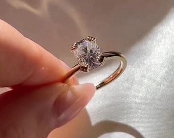 Elongated Cushion Cut Moissanite Engagement Ring, Vintage Triple Prong Set Solitaire Plain Gold Band, Anniversary Gift For Wife, Art Deco