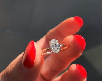 1 CT Oval Cut Engagement Ring, Solitaire Plain Gold Band, Unique Ring Designs, Diamond Set, Anniversary Gift For Girlfriend, Straight Shank