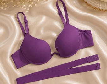 1PCS Women's Purple Seamless Push Up Bra, Padded Wireless T-Shirt Bra, Adjustable Everyday Comfort Lingerie