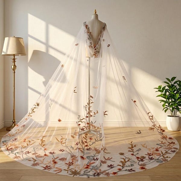 Q28 Ethereal Autumn Botanical Wedding Cape, Rust Terracotta Floral Embroidered Bridal Veil Wings, Shoulder Attachment Bridal Cloak