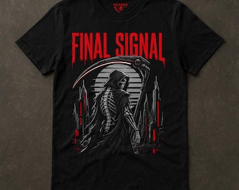 Camiseta Cyberpunk Reaper, Camiseta de Calavera de Ciencia Ficción, Señal Final, Gráfico para Jugadores, Arte Distópico Rojo Neón, Futuro Oscuro, Reaper Reps