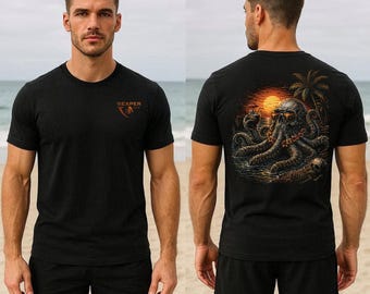 Camiseta con estampado de Kraken tropical en la espalda, camiseta de pulpo al atardecer, pequeño logo en el pecho, humor oscuro de vacaciones, ropa urbana playera, gótico veraniego, Reaper Reps