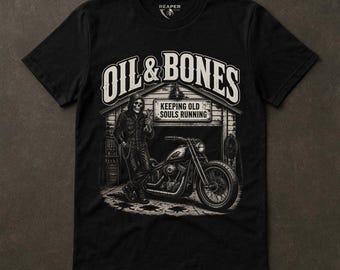 Camiseta Oil And Bones, Camiseta de Mecánico Motero, Regalo Vintage para Motociclistas, Garaje Skeleton Reaper, Estética Motera Oscura, Reaper Reps