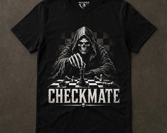Camiseta Jaque Mate, Camiseta Segador de Ajedrez, Jugador de Ajedrez Esqueleto, Gráfico de Estrategia Oscura, Regalo para Jugadores, Arte de Calaveras, Reaper Reps