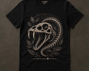 Camiseta con calavera de serpiente, camiseta de naturaleza salvaje, gráfico de serpiente esquelética, estética oscura al aire libre, arte de hueso dorado, Reaper Reps Wild