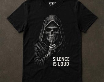 Camiseta "El silencio es ruidoso", estampado de la Parca, camiseta de humor negro, ropa urbana para introvertidos, estilo gótico minimalista, réplicas de la Parca