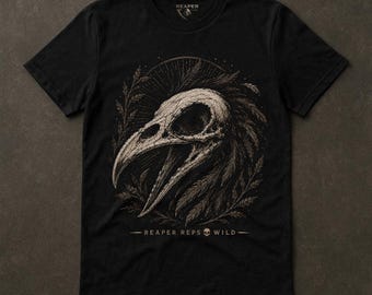 Camiseta con calavera de cuervo, camiseta con arte de huesos de cuervo, estilo gótico natural salvaje, gráfico de esqueleto de pájaro, estética oscura al aire libre, Reaper Reps Wild