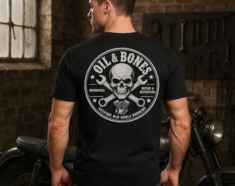 Camiseta con estampado de aceite y huesos en la espalda, camiseta de mecánico motero, gráfico vintage de taller de motocicletas, regalo de calavera de esqueleto, réplicas de la Parca