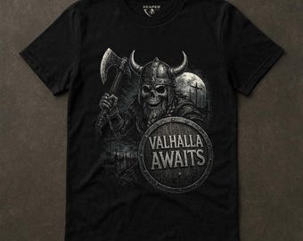 Valhalla Awaits Viking Reaper Tee | Norse Gym Motivation, Gothic Metal Streetwear