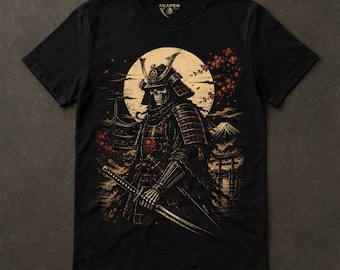 Camiseta con calavera samurái, camiseta gótica japonesa, gráfico de ronin esqueleto, arte de flor de cerezo oscura, guerrero asiático, representantes de la Parca