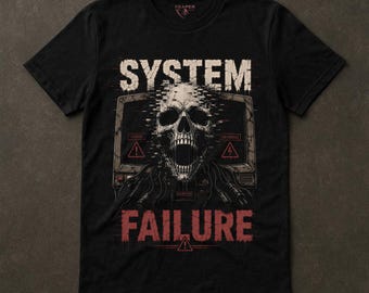 Camiseta de fallo del sistema, camiseta de calavera con fallo gráfico, gráfico cyberpunk, humor tecnológico, regalo para programadores, furia gamer, terror digital, futuro de Reaper Reps