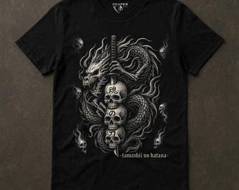 Japanese Dragon Shirt, Skeleton Katana Art, Dark Streetwear Tee, Irezumi Tattoo Style, Tamashii No Katana, Gothic Anime Gift, Reaper Reps