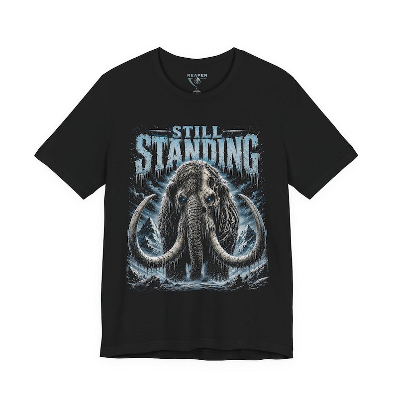 Still Standing Shirt, Woolly Mammoth Tee, Prehistoric Survival, Ice Blue Animal Graphic, Dark Winter Nature, Resilience Gift, Reaper Reps image 4