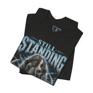 Still Standing Shirt, Woolly Mammoth Tee, Prehistoric Survival, Ice Blue Animal Graphic, Dark Winter Nature, Resilience Gift, Reaper Reps image 8