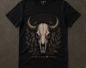 Camiseta con calavera de bisonte, camiseta con hueso de búfalo, búfalo americano salvaje, gráfico de calavera de animal, naturaleza oscura del oeste, Reaper Reps Wild, grabado dorado