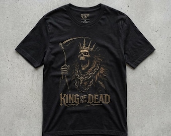 Camiseta de la Parca, Camiseta del Rey León con esqueleto, Gráfico del Rey de los Muertos, Motivación oscura para el gimnasio, Estilo de camiseta de banda de metal, Reps de la Parca