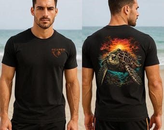 Camiseta con estampado de tortuga marina en el lomo, camiseta de atardecer tropical, gráfico de arrecife de coral, estilo urbano de naturaleza oceánica, pequeño logotipo en el pecho, Reaper Reps Vacation