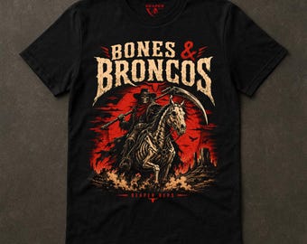 Camiseta Bones And Broncos, Camiseta Western Cowboy Skull, Dark Country Gothic, Gráfico de caballo esqueleto, Arte de rodeo, Outlaw Country, Reaper Reps
