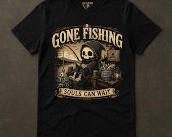 Camiseta de pesca, linda camiseta de pescador de la Parca, Las almas pueden esperar, regalo de pesca con humor negro, esqueleto chibi, estilo vintage, representantes de la Parca