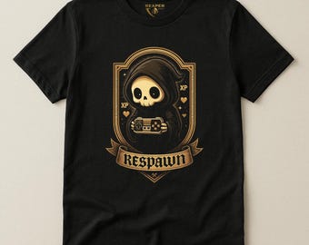 Camiseta Respawn Gamer, Camiseta con insignia de Reaper, Regalo de videojuegos dorado, Estilo urbano de estética oscura, Gamer acogedor, Estampado frontal de Reaper Reps