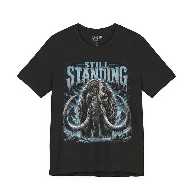 Still Standing Shirt, Woolly Mammoth Tee, Prehistoric Survival, Ice Blue Animal Graphic, Dark Winter Nature, Resilience Gift, Reaper Reps image 7