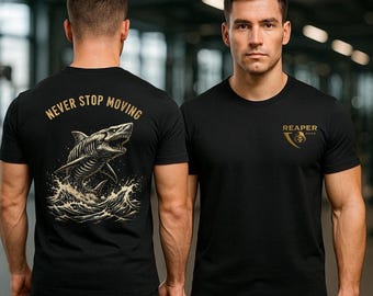 Camiseta de tiburón "Nunca te detengas" / Camiseta motivacional para el gimnasio / Camiseta de entrenamiento físico y culturismo / Repeticiones de la Parca / Diseño con cita inspiradora