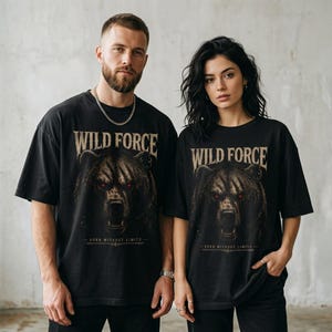 Wild Force Bear T-Shirt | Born Without Limits | Grizzly Bear Graphic Tee | Men's Black Oversized Shirt | Dark Animal Print