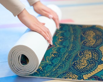 Teal Gold Mandala Foam Yoga Mat | Boho Medallion Pattern