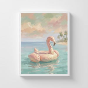 May include: A framed painting of a pink flamingo pool float in the ocean. The artwork features a pastel color palette with a beach scene in the background. The flamingo float is the focal point.