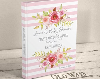 Pink Floral Baby Shower Guest Book - Personalized Hardcover Book with Stripes, Flowers - Other Colors Available