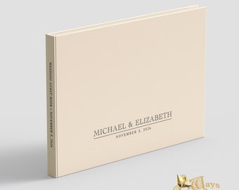Minimalist Wedding Guest Book in Champagne and Black - Custom Personalized Pages - Elegant, Simple Traditional Hardcover Guest Book