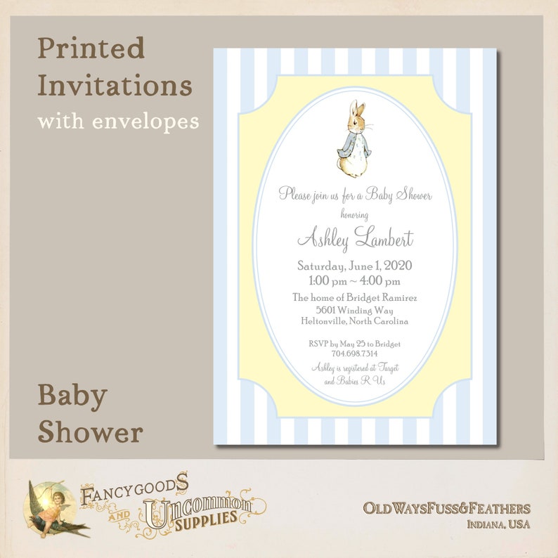 peter rabbit baby boy shower invitations blue white yellow grey personalized printed fine stationery envelopes