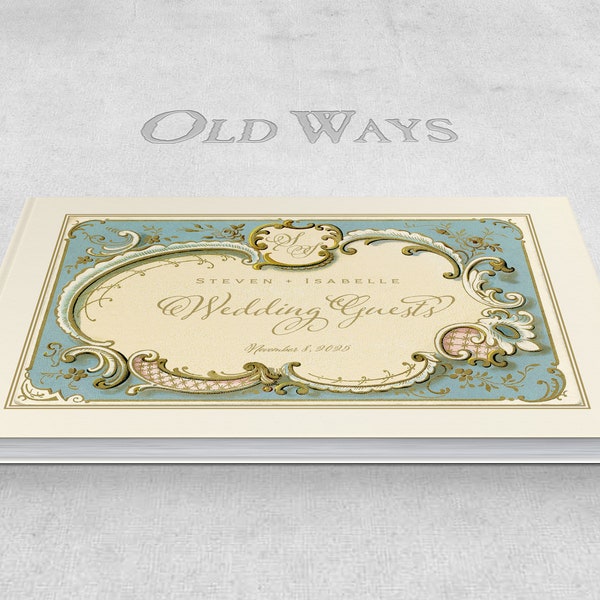 Antiquity Wedding Guest Book - Cream/Ivory with Antique Blue or Green - Personalized Hardcover Wedding Book