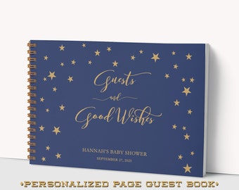 Wish Upon a Star Custom Page Guest Book - Navy Blue & Gold - Guest Messages, Gift List, Photos, Pictures - Personalized Baby Shower Keepsake