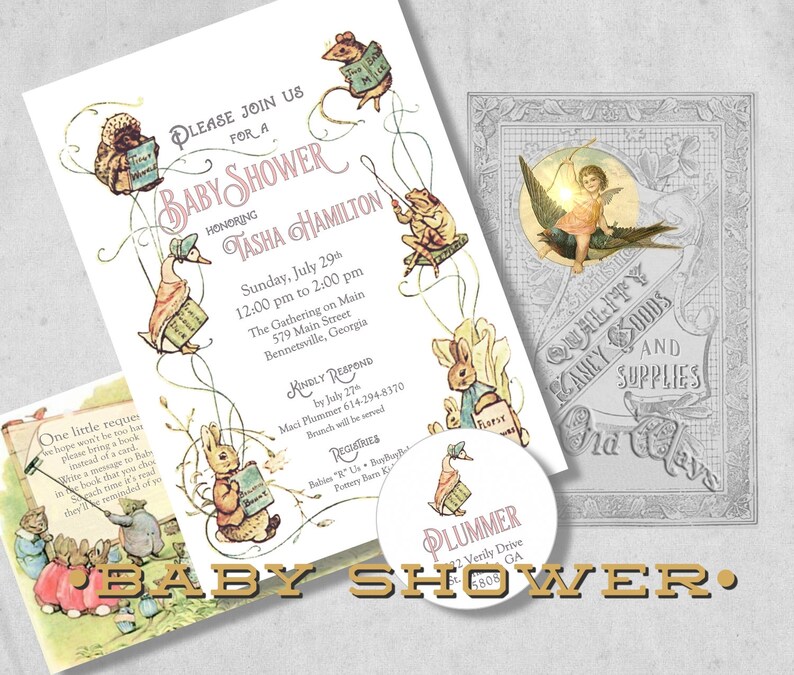 Puede incluir: Una invitaci&oacute;n a un baby shower con un tema de bosque m&aacute;gico. La invitaci&oacute;n presenta ilustraciones de animales leyendo libros, incluyendo un erizo, un conejo, una rana y un pato. El texto de la invitaci&oacute;n dice "Por favor, &uacute;nase a nosotros para un baby shower en honor a Tasha Hamilton".