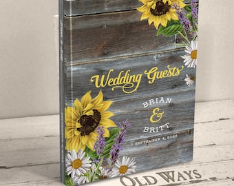 Lavender & Sunflowers Rustic Wedding Guest Book - Traditional Hardcover Personalized Guestbook - Woodgrain, Floral