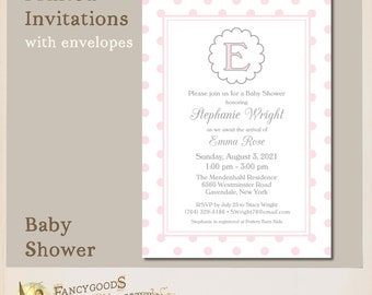 Monogram Polka Dot Baby Girl Shower Invitations - Sweet & Classic Printed Shower Invites in Light Pink