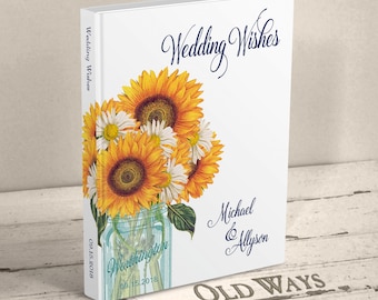 Sunflower Wedding Guest Book - Rustic Mason Jar, Blue & Yellow, Traditional Personalized Wedding Wishes Book, Guest Sign In