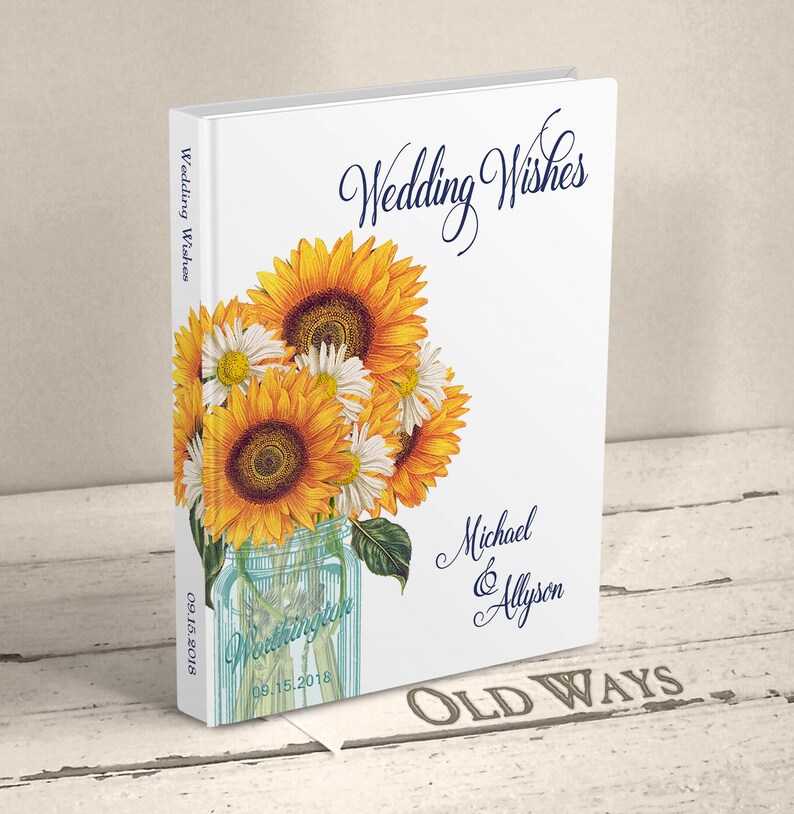 wedding guest book personalized mason jar sunflowers daisies country floral rustic custom traditional wishes bride groom hardcover