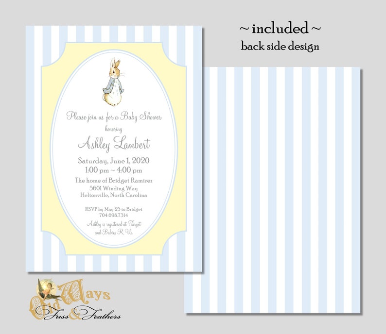 Peter Rabbit Baby Shower Invitations Vintage Storybook Baby Shower Blue, Yellow, Grey Printed Baby Boy Shower Invites image 3