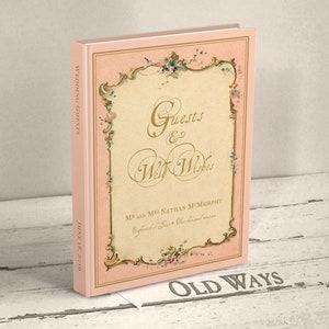 Personalized wedding guestbook in vintage pink antique French ephemera background with tiny pink flowers various colors blue green lavender personalized custom hardcover traditional