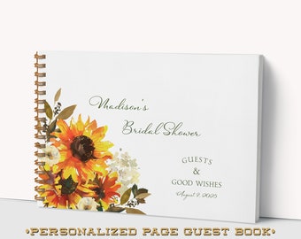 Sunflower Bridal Shower Guest Book - Personalized Pages - Guest Messages, Gift List, Photos - Wedding Shower Keepsake