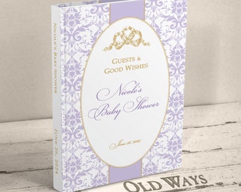 Lavender Damask Baby Shower Guest Book - Elegant Vintage Personalized Guest Sign In, Wishes for Baby