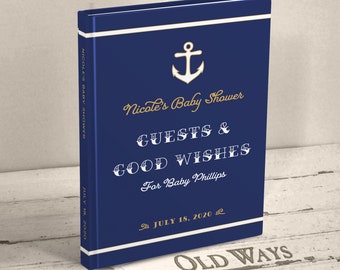 Nautical Baby Shower Guest Book in Navy Blue - Personalized Vintage Style for a Baby Boy Shower - Sailboat, Anchor