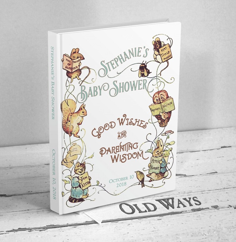 Personalized gender neutral baby shower guest book featuring the Beatrix Potter storybook characters from original 1903 antique vintage artwork