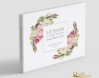 Pink Flowers Custom Page Guest Book - Personalized Bridal Shower Hardcover Book - Guest Messages to the Bride, Gift List and Addresses